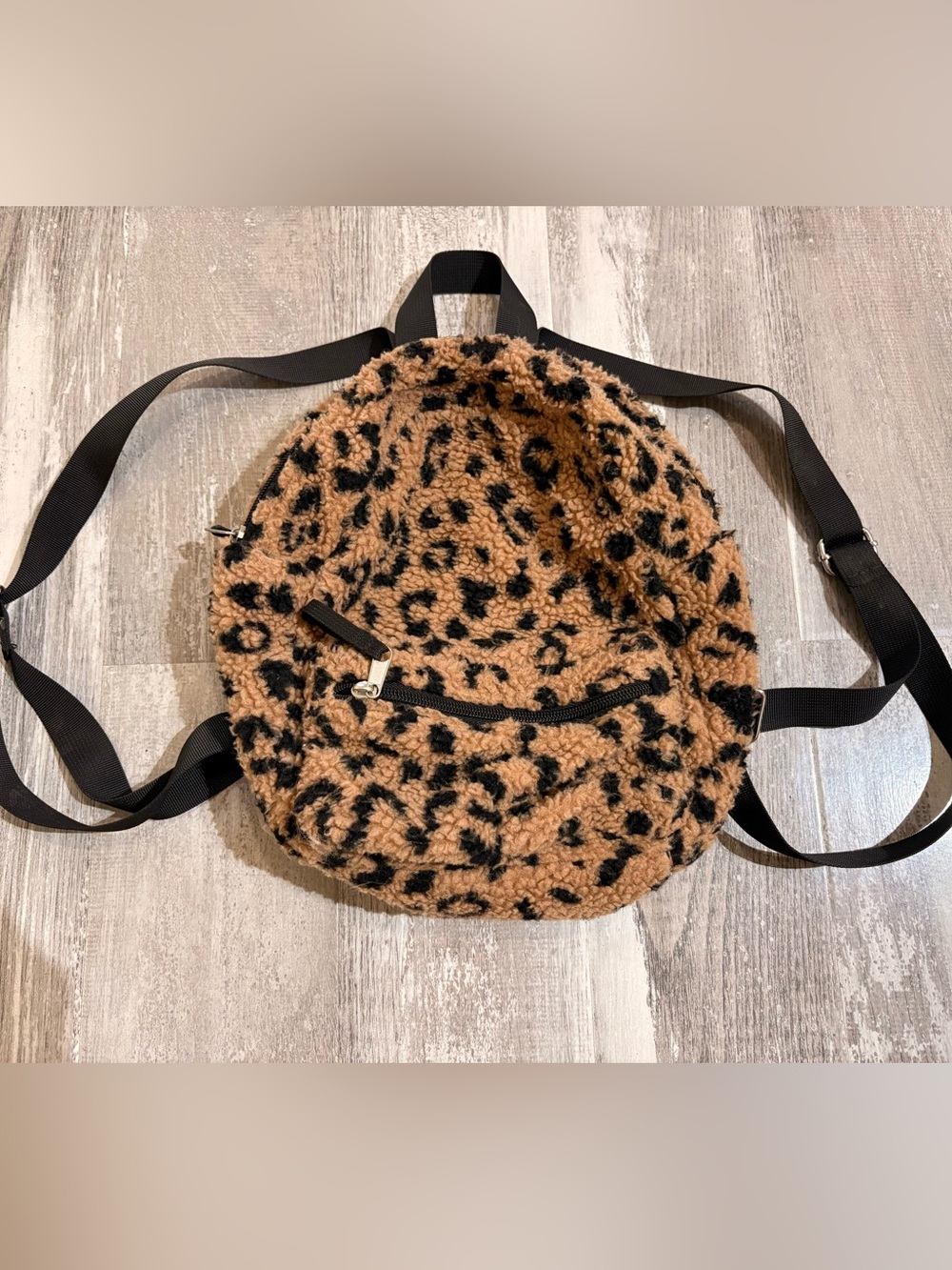 Fuzzy Leopard Print Backpack - Black & Tan